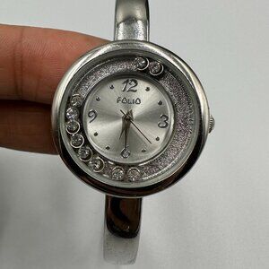 3/$30 Folio Watch Women Silver  Bangle Band Floating Crystal Accent Works 6.75"
